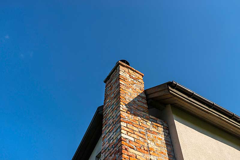 Red ceramic brick chimney in corner with stucco house Red ceramic brick chimney - stock image with blue sky in background - Rutland Chimney